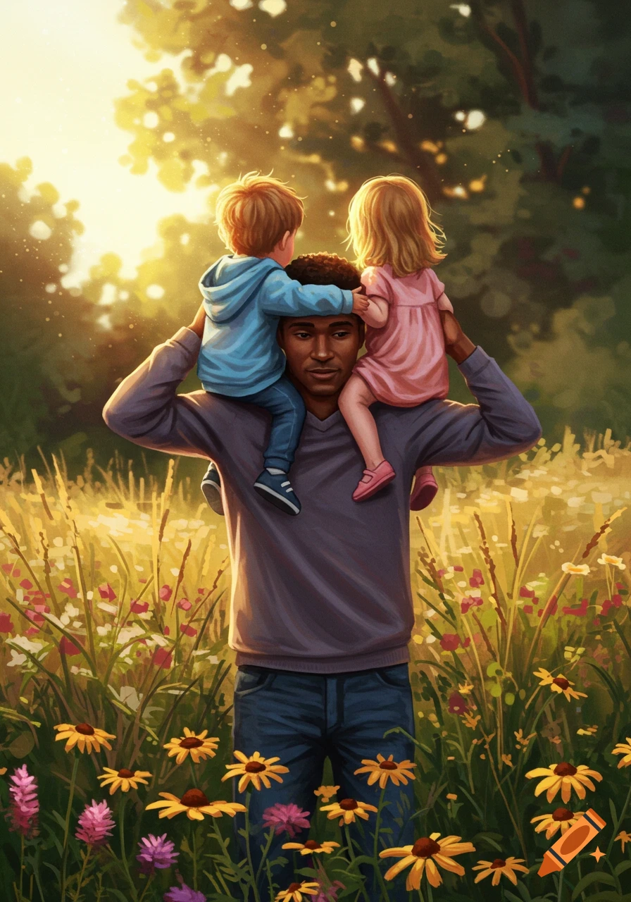 Digital painting of a man carrying a boy in blue and a girl in pink on his shoulders in a sunny wildflower field.
