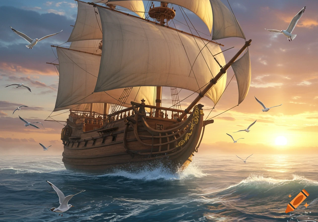 A large, photorealistic wooden sailing ship with white sails navigates a wavy ocean at sunset, surrounded by flying seagulls.