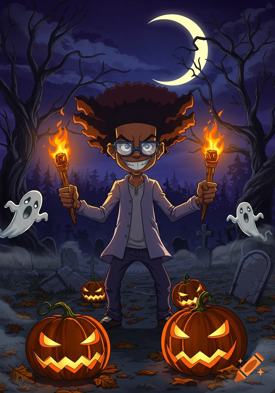 A cartoon character resembling Stinkmeaner holds torches in a spooky graveyard with jack-o'-lanterns and ghosts under a crescent moon.