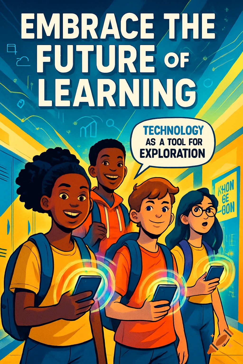 Four diverse students in a school hallway hold phones with glowing rings, under the text 'EMBRACE THE FUTURE OF LEARNING' in a cartoon illustration style.