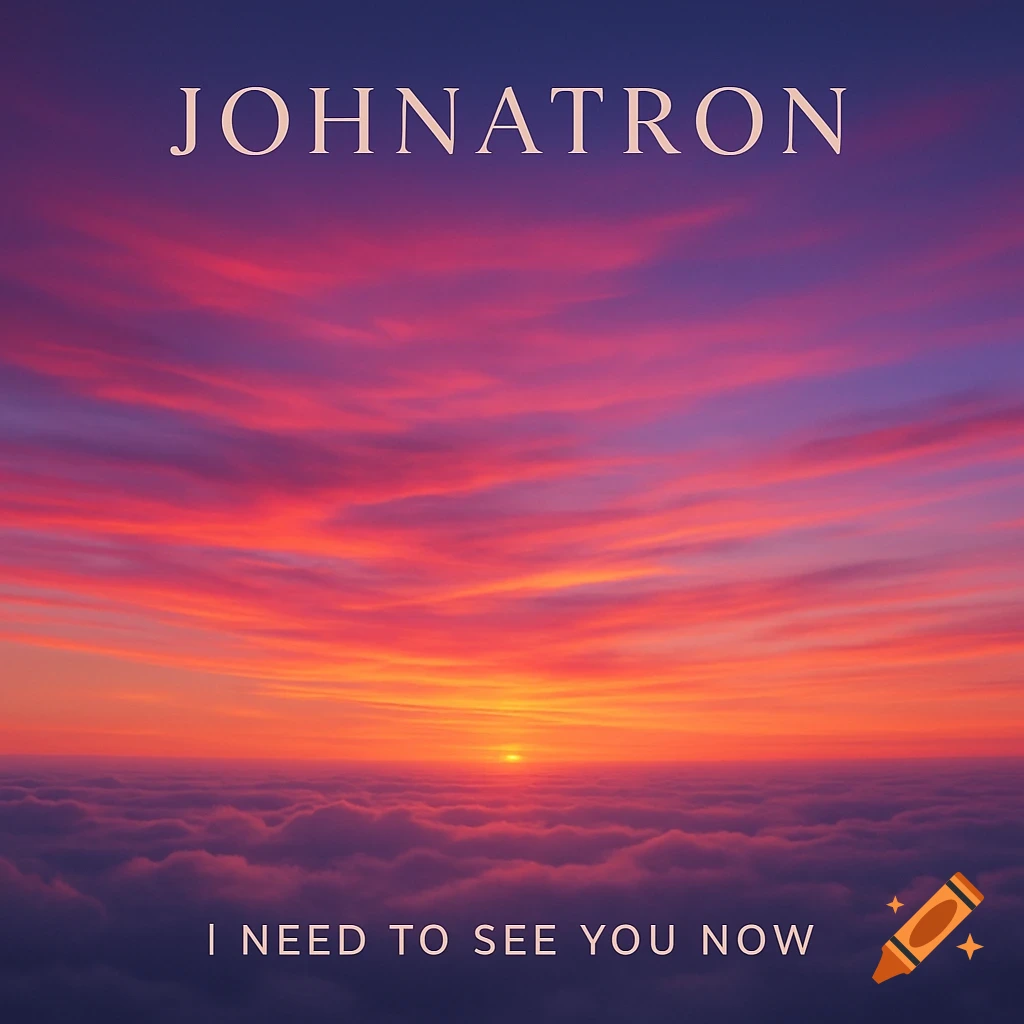 Vibrant sunset above a layer of pink, orange, and purple clouds, with text 'JOHNATRON' at the top and 'I NEED TO SEE YOU NOW' at the bottom.