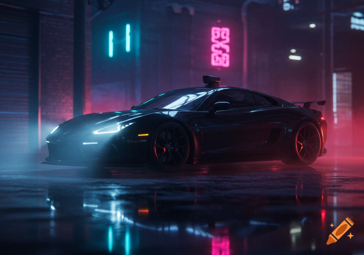 A dark sports car sits on a wet, neon-lit street in a cyberpunk city at night.