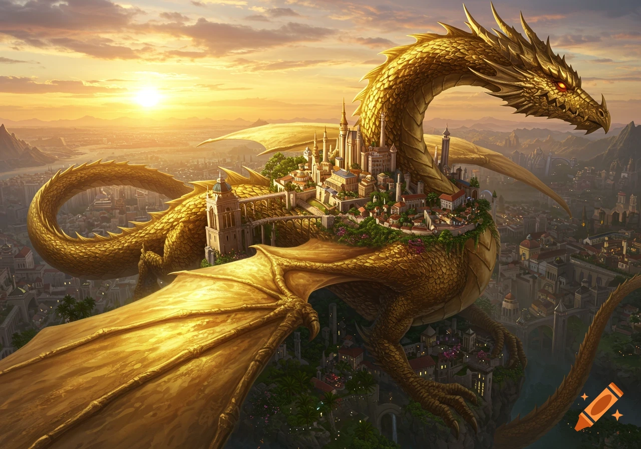 A majestic golden dragon with a sprawling city on its back soars over a landscape at sunset.
