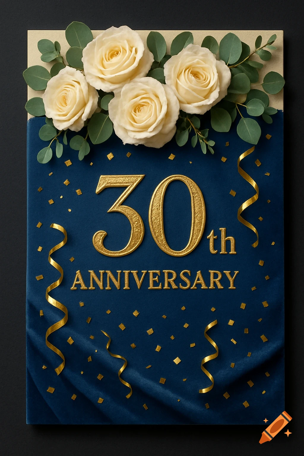 Photorealistic 30th Anniversary card with gold text, confetti, ribbons, white roses, and eucalyptus leaves on a navy blue background.