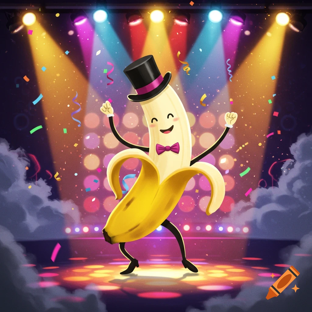 A happy cartoon banana wearing a top hat and a purple bow tie dances on a brightly lit stage with colorful confetti falling around it.