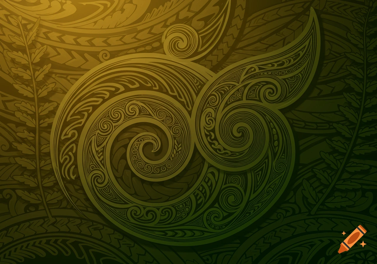 Intricate green and gold Maori Koru and fern pattern over a geometric background.