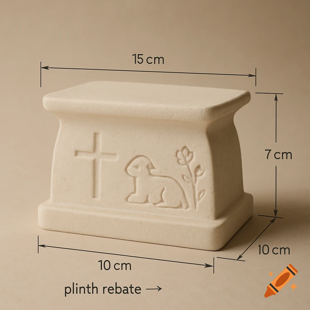 A small, rectangular, beige ceramic altar with rounded edges, featuring an embossed cross, lamb, and flower on its side, shown with measurement annotations.