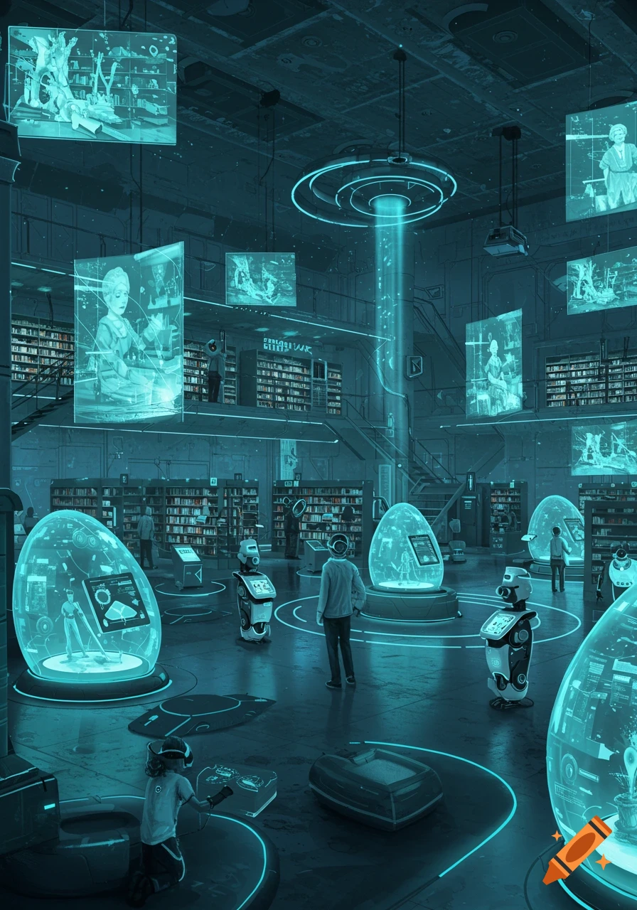 A futuristic library with teal glowing holograms, display screens, and robots. People interact with tech pods, and a central light beam illuminates the vast, multi-level room in a digital art style.