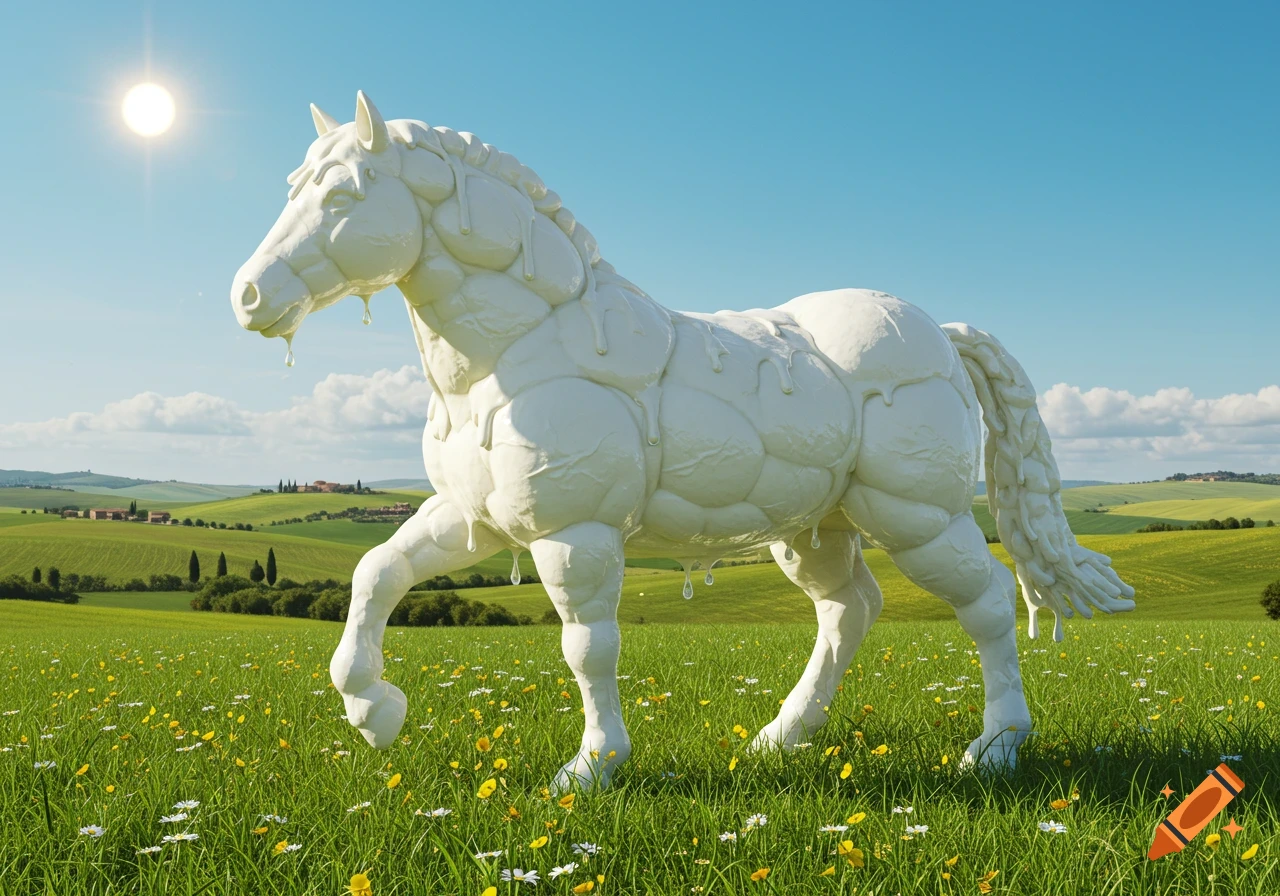 A realistic white horse made of melting mozzarella stands in a vibrant green field under a sunny blue sky.