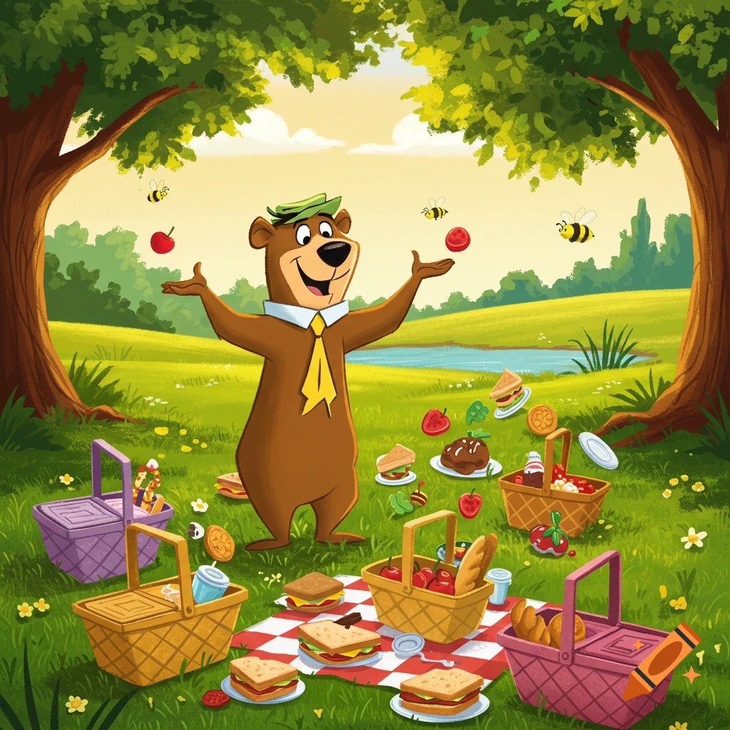 Cartoon Yogi Bear juggling apples at a sunny park picnic with baskets of food and bees flying around.