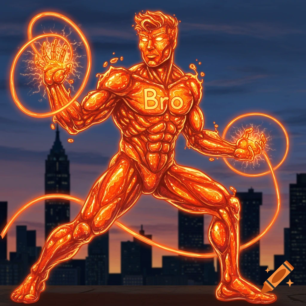 A muscular, glowing orange liquid superhero with "Bro" on his chest, creating electrical rings in a comic art style against a city skyline.