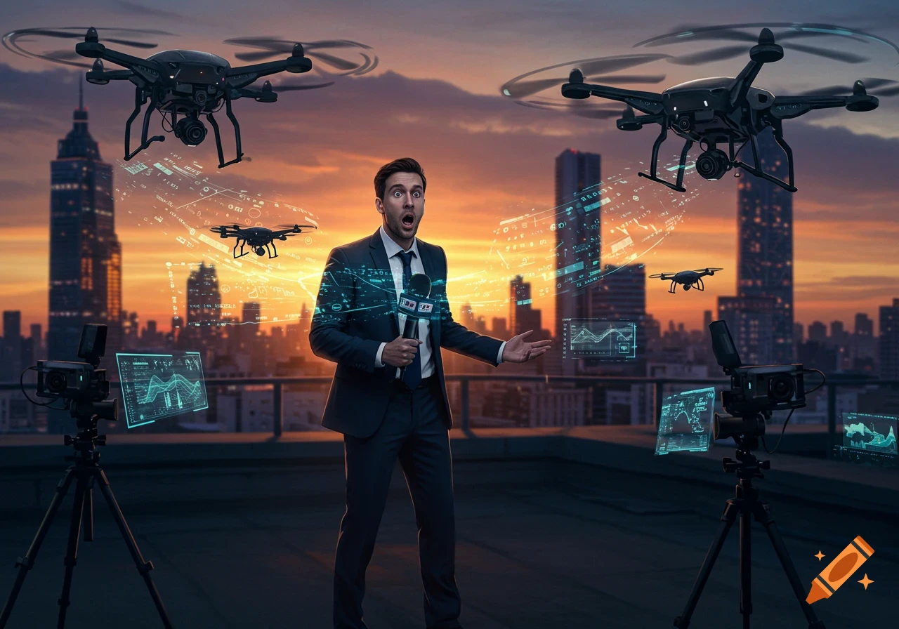 A reporter on a city rooftop with a microphone, surrounded by flying camera drones and holographic data screens at sunset.