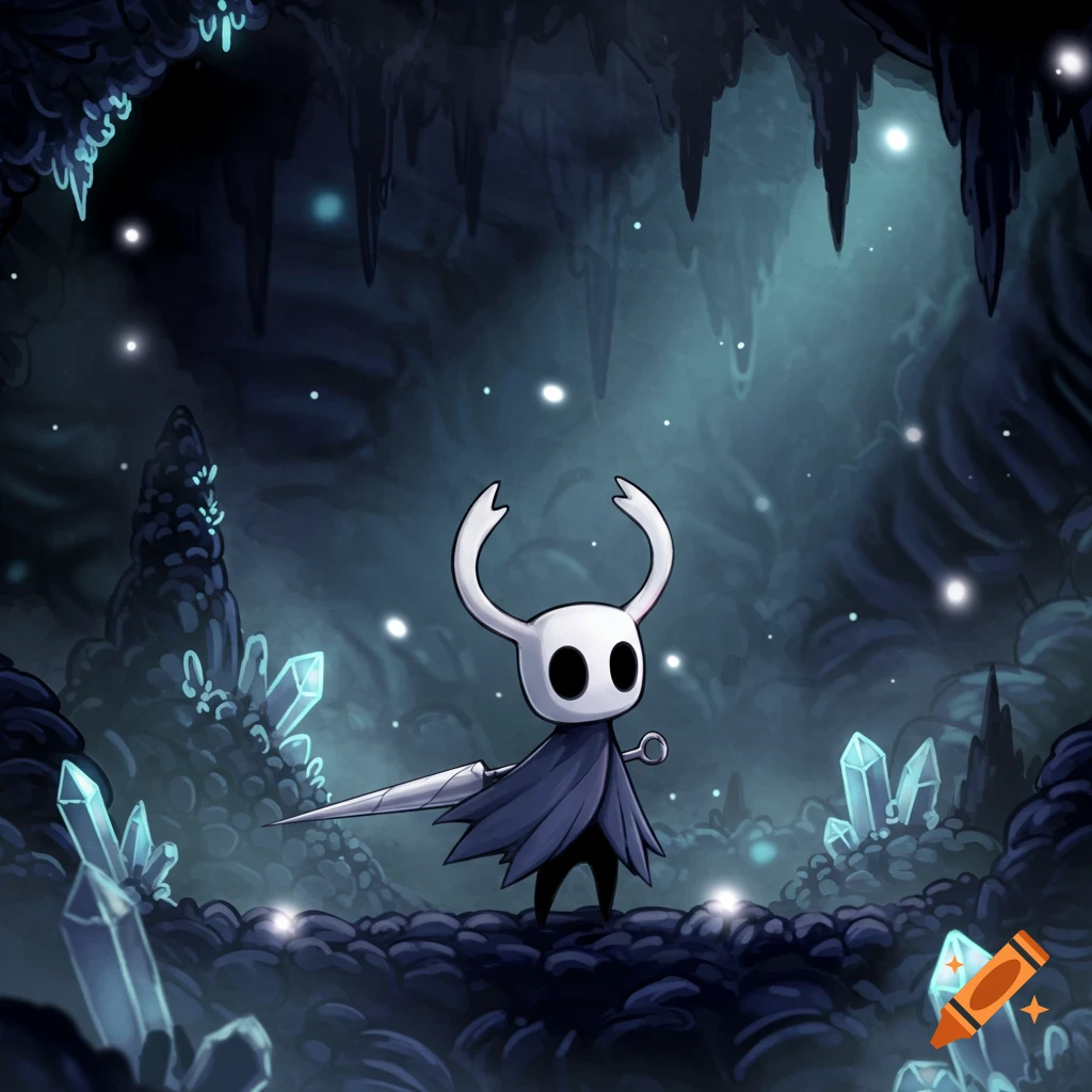 The Hollow Knight character stands in a dark cave illuminated by glowing blue crystals.