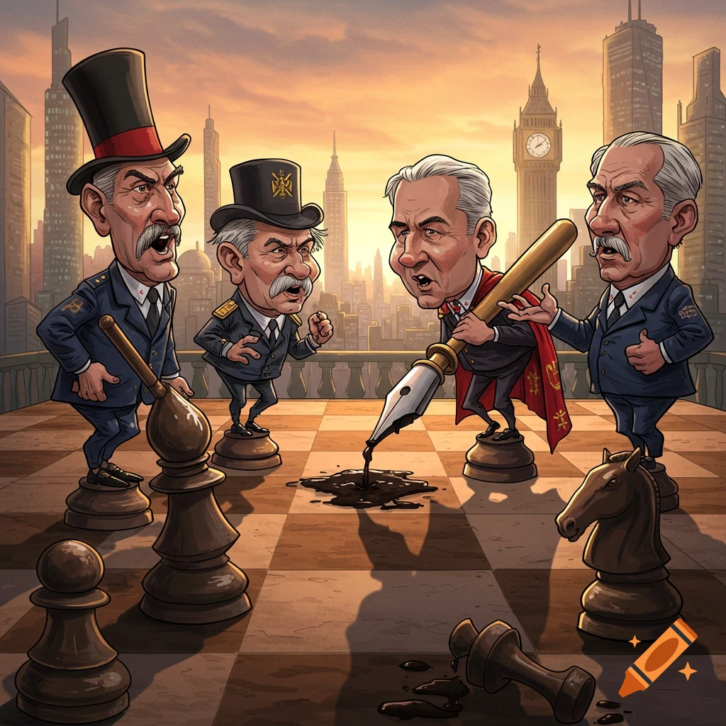 A political cartoon showing four caricatured men, resembling politicians, standing on a chessboard. One man holds a giant fountain pen dripping ink, while a fallen chess piece lies nearby. A city skyline with Big Ben is in the background at sunset.