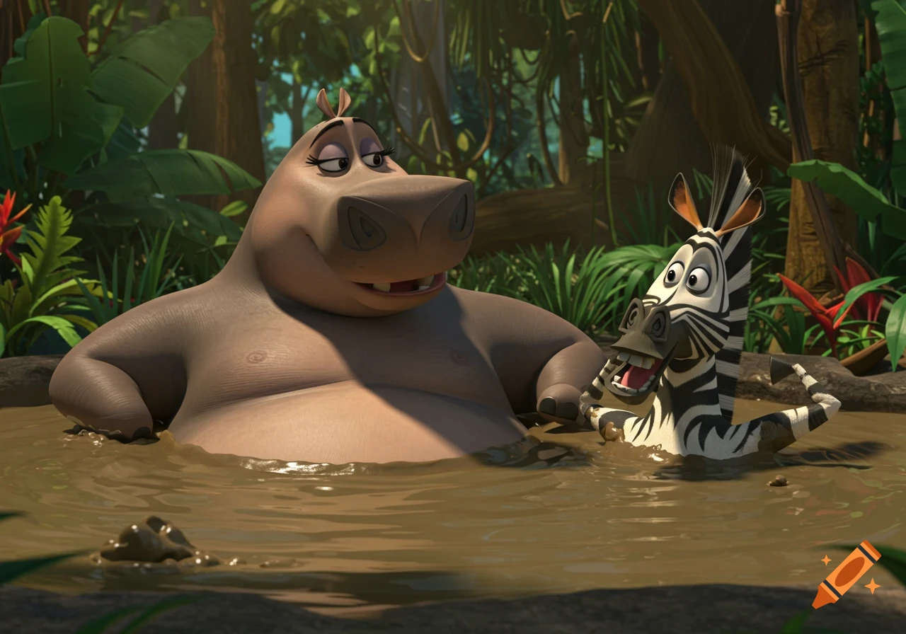 Gloria the hippo and Marty the zebra from Madagascar relax in a mud hot tub, jungle background, 3D animation.