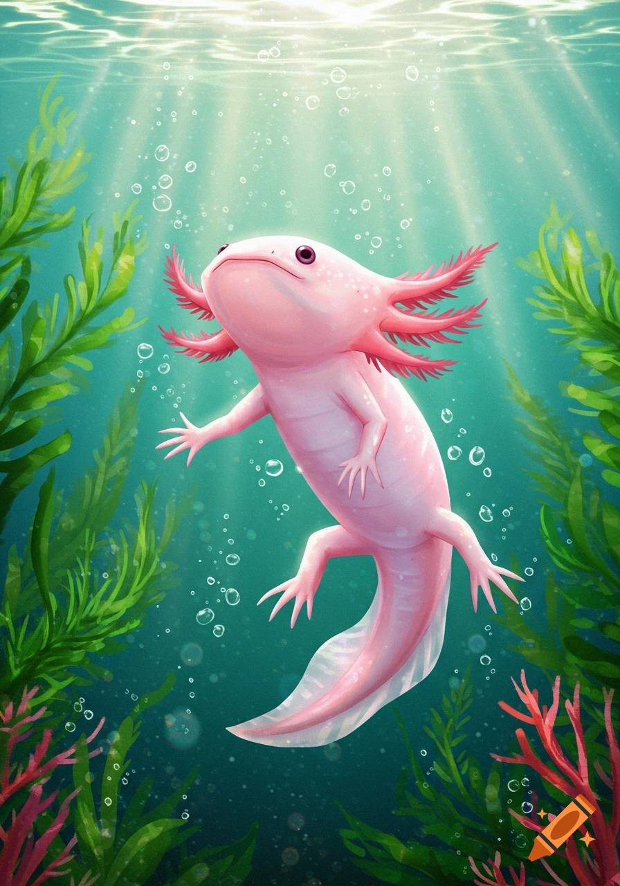 A vibrant illustration of a pink axolotl swimming in clear blue-green water surrounded by green and red seaweed with sunlight streaming from above.