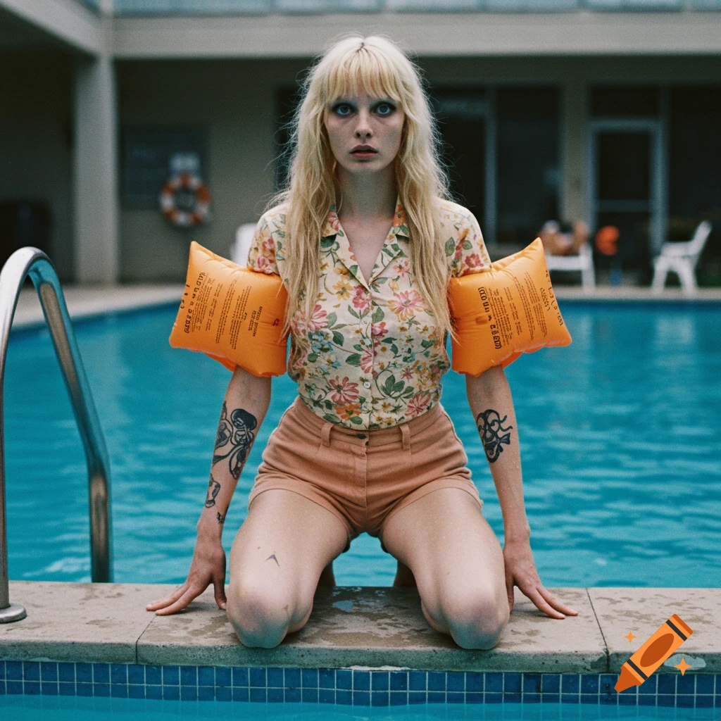A pale woman with blonde bangs and tattoos squats by a swimming pool, wearing a floral shirt, high-waisted shorts, and orange waterwings, in an early 2000s style digital photo.