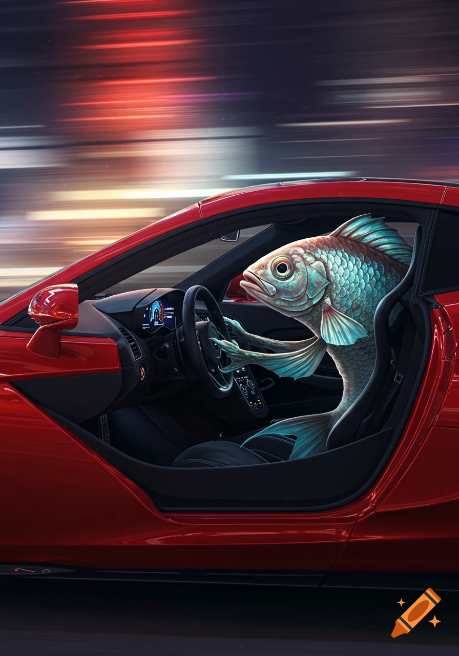 A teal-scaled fish with large eyes drives a red McLaren sports car at high speed, blurred background.
