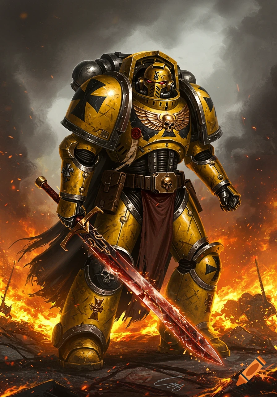 A mighty Warhammer 40,000 Space Marine in yellow Terminator armor, holding a glowing sword, stands amidst a fiery battlefield.
