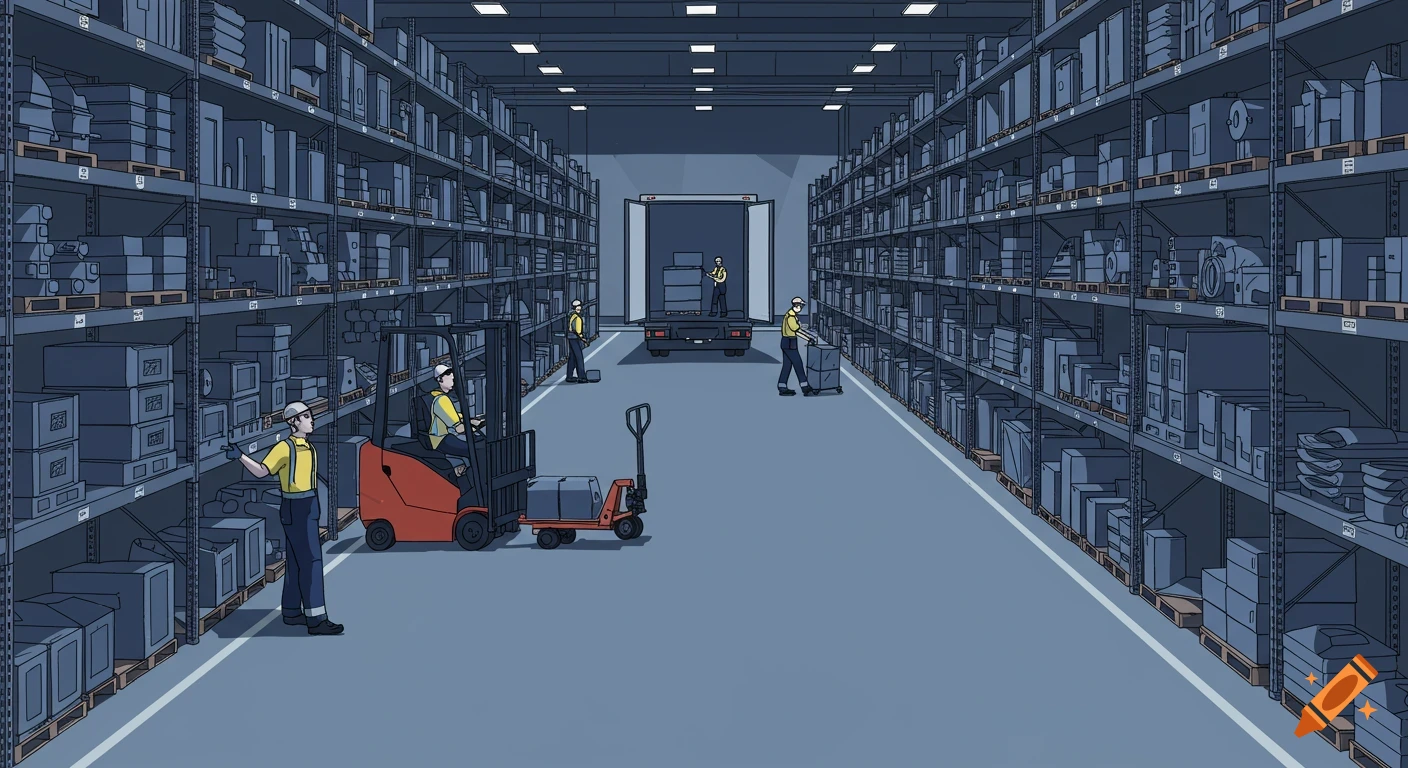 A modern industrial warehouse with workers, forklifts, and shelves full of parts, loading a truck, in a minimalistic illustration style.