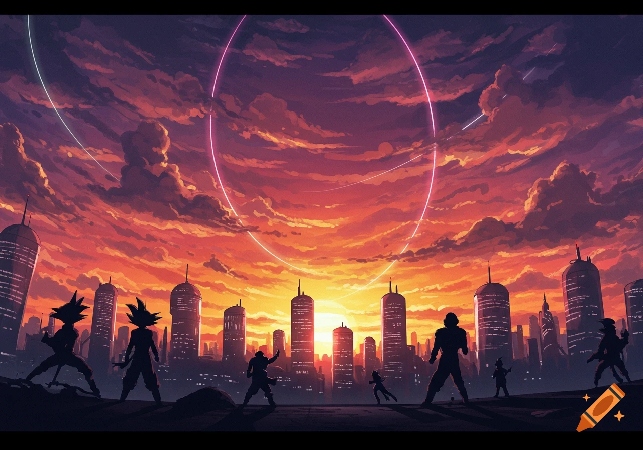 Anime-style silhouettes of characters stand before a futuristic city skyline at a vibrant sunset, with a glowing ring and light trails in the sky.