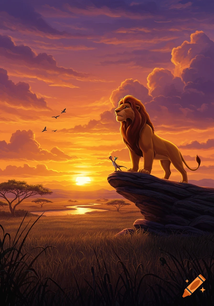 An animated lion and a small creature stand on a rock at sunset, overlooking an African savanna with acacia trees and a river.