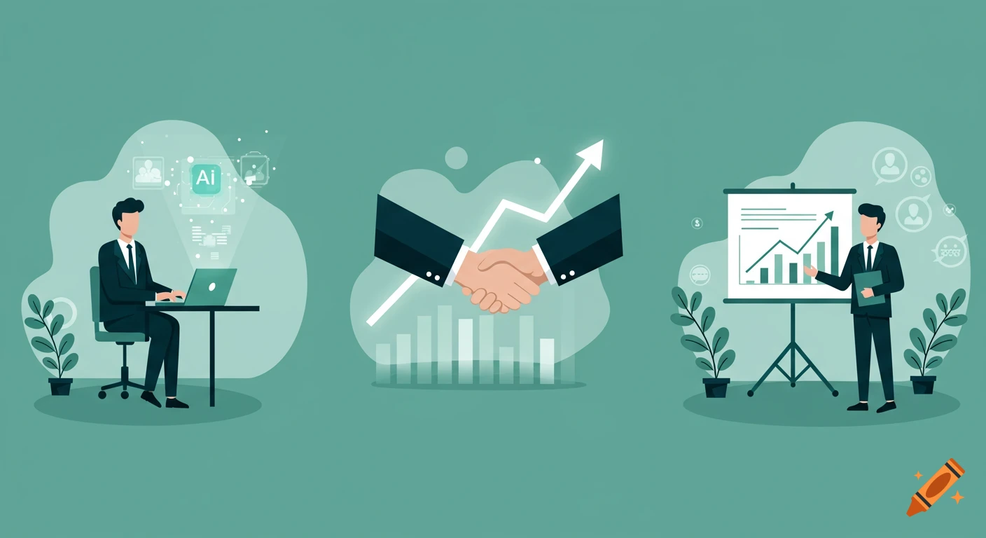 Flat illustration of business concepts: a professional using AI, a handshake over a growing graph, and a consultant presenting.