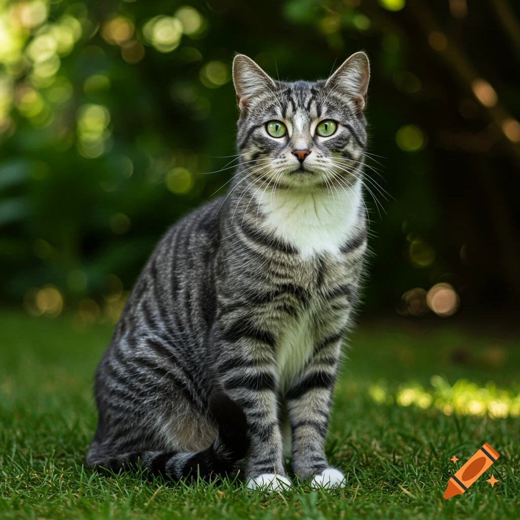 A photorealistic tabby cat with green eyes sits in green grass with a blurry green background.