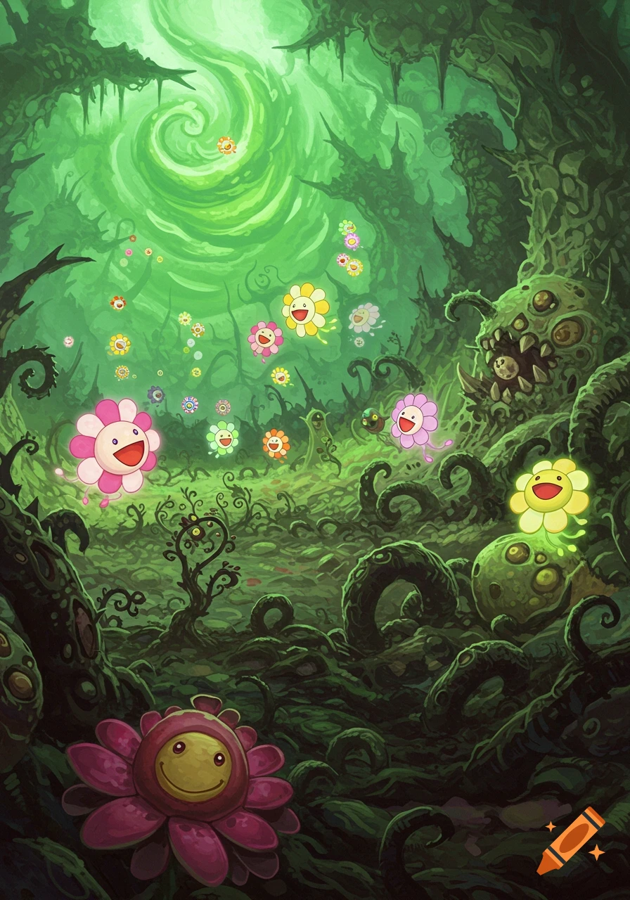 Smiling colorful flowers float in a vibrant green, grotesque, twisted swamp forest with monstrous plant faces.