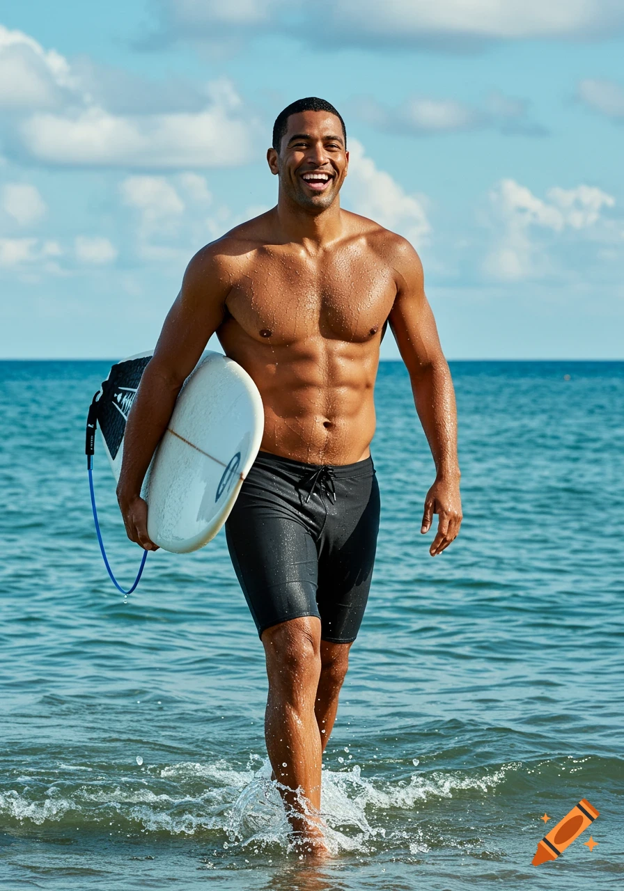 A smiling muscular man with a surfboard walks out of the ocean on a sunny day. Water drips from his body, creating splashes.