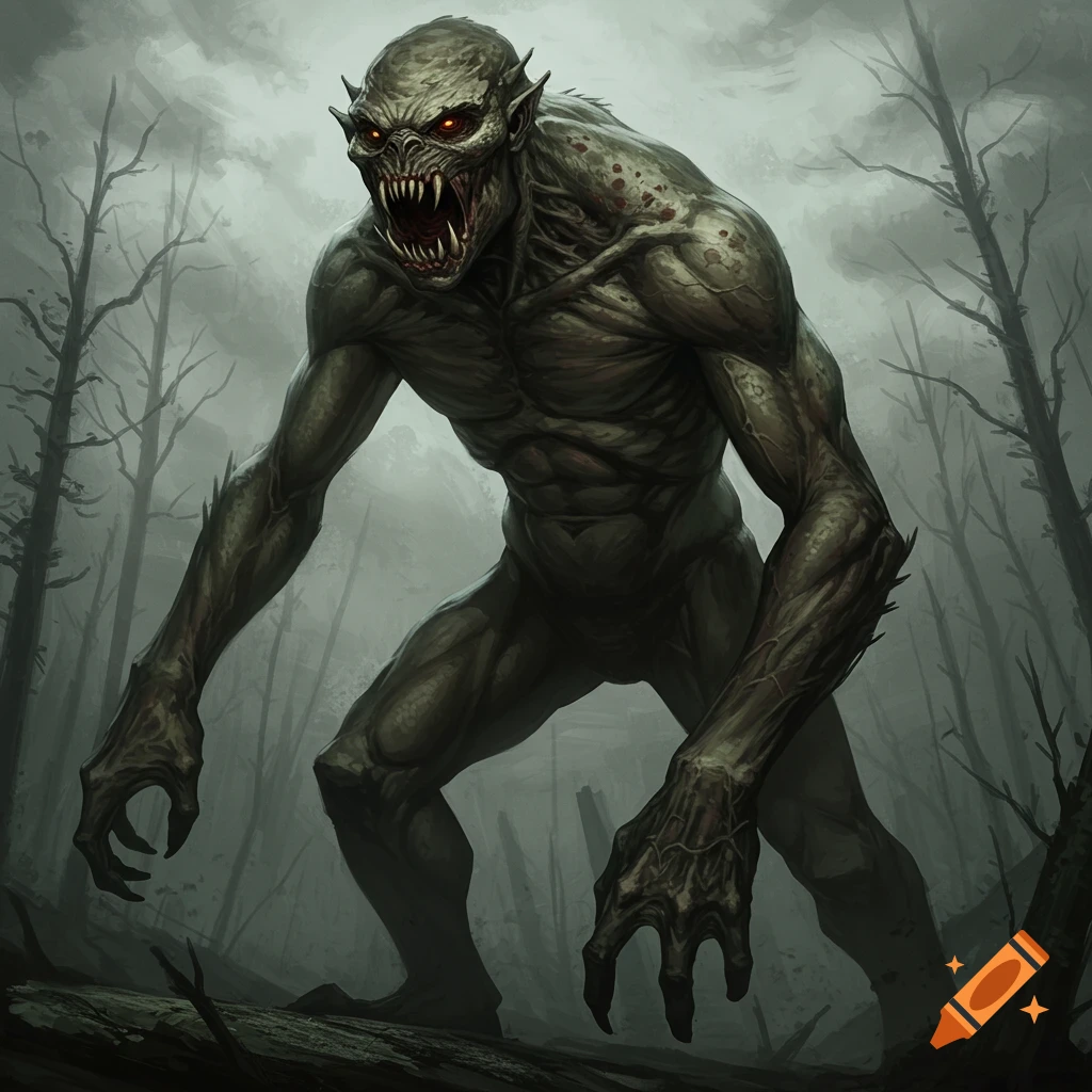 A menacing, greenish-grey monstrous creature with fangs and glowing red eyes stands in a dark, misty forest, rendered in a dark fantasy art style.