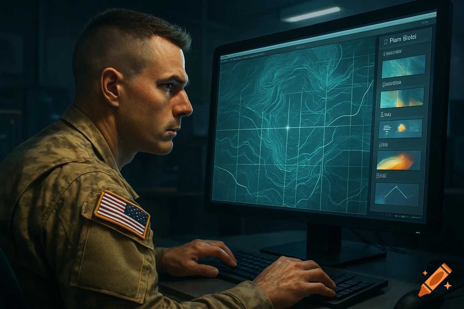 A photorealistic image of a soldier in a camouflage uniform with a US flag patch, intently operating a computer displaying a map editor with grid lines in a dark room.