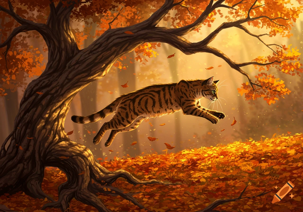 A stylized digital painting depicts a tiger-striped cat leaping mid-air in a vibrant autumn forest with golden light and falling leaves.