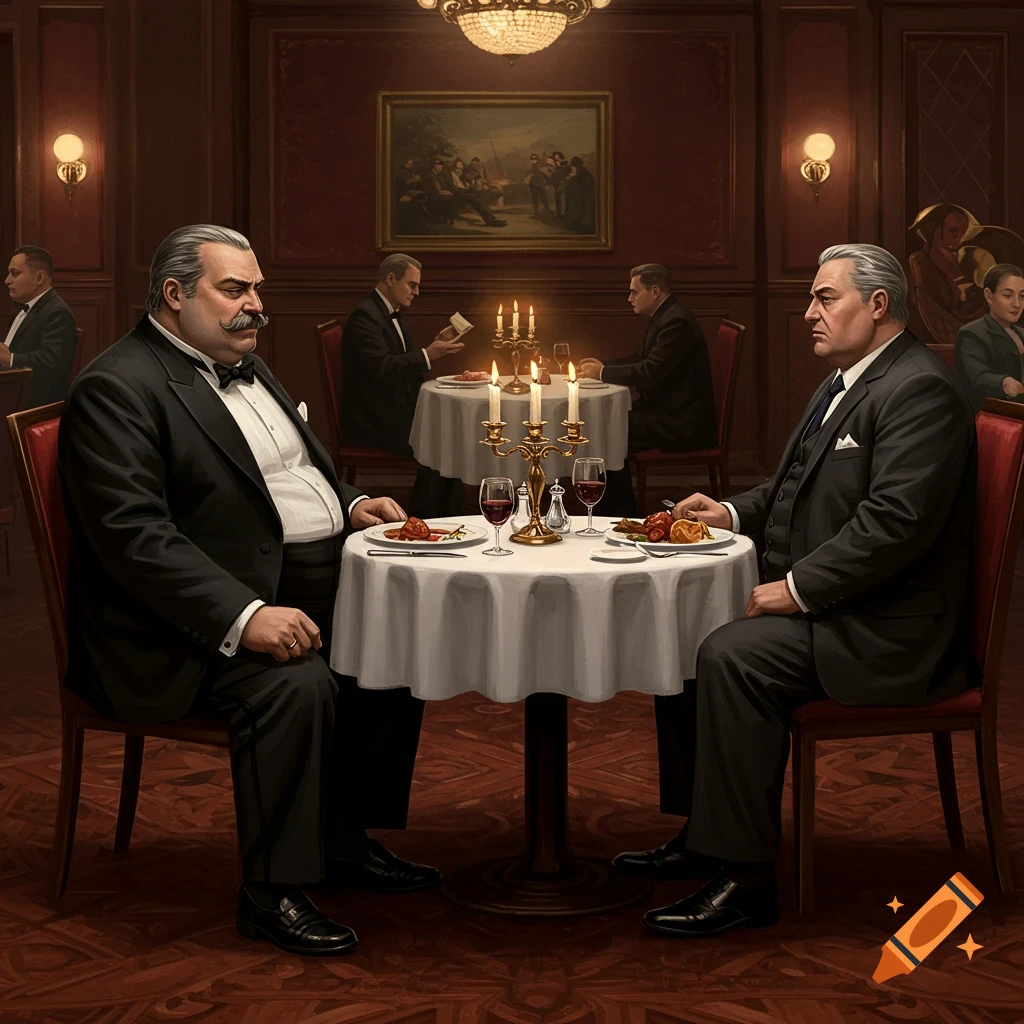 Two heavyset men in suits sit at a candlelit table in a luxurious restaurant, in a dramatic, detailed style.