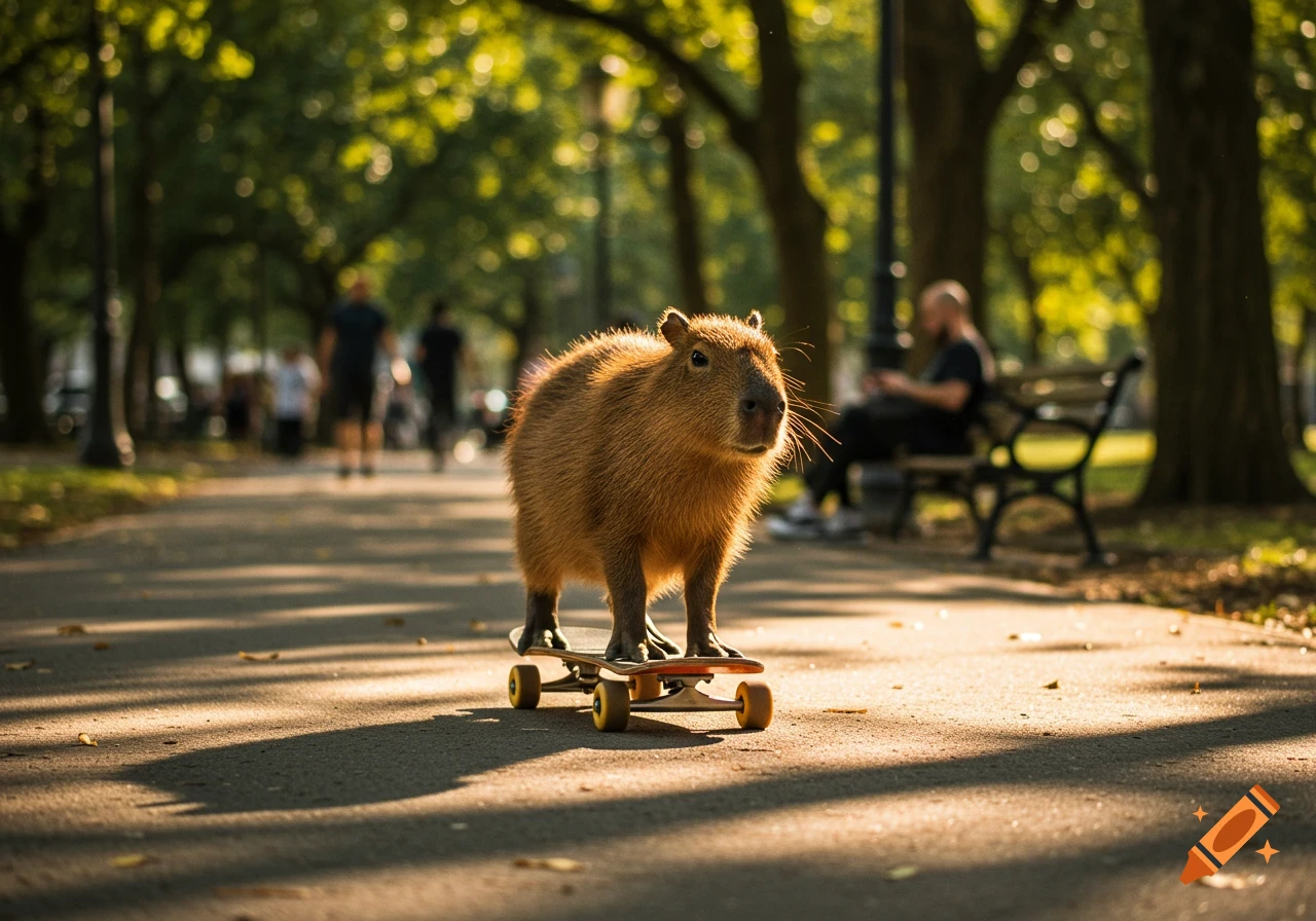 An ultrarealistic capybara stands on a skateboard on a sunny park path, with blurred trees and people in the background.