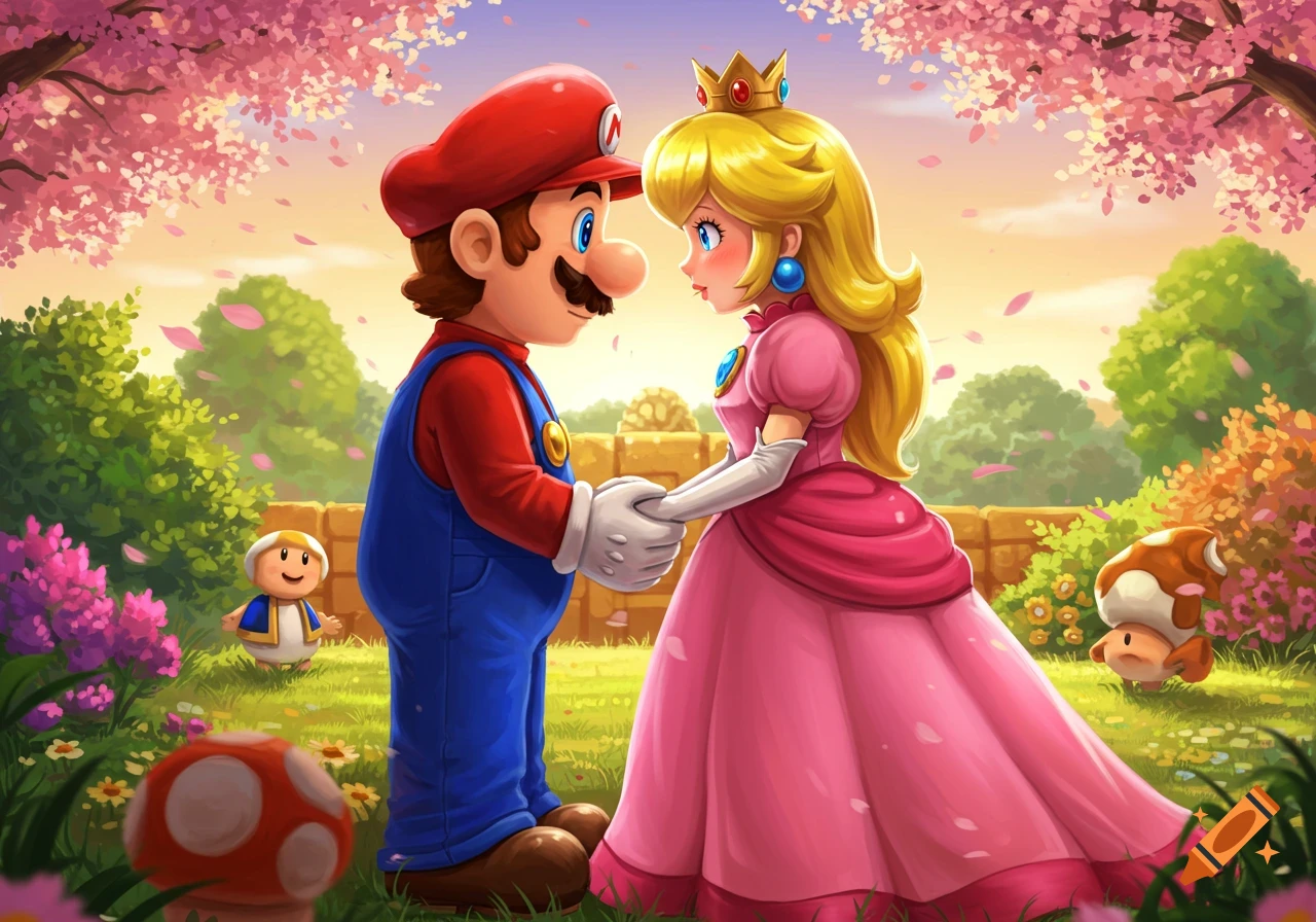 Mario and Princess Peach hold hands in a vibrant, cartoon-style cherry blossom garden with small Toads and mushrooms.