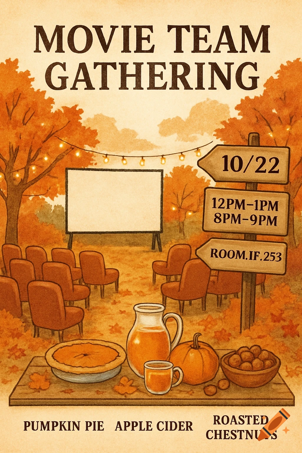 An autumn-themed event flyer illustration for a 'Movie Team Gathering' with text showing date 10/22, times, room number, pumpkin pie, apple cider, and roasted chestnuts. It depicts an outdoor movie setup with a screen and chairs, surrounded by fall trees.
