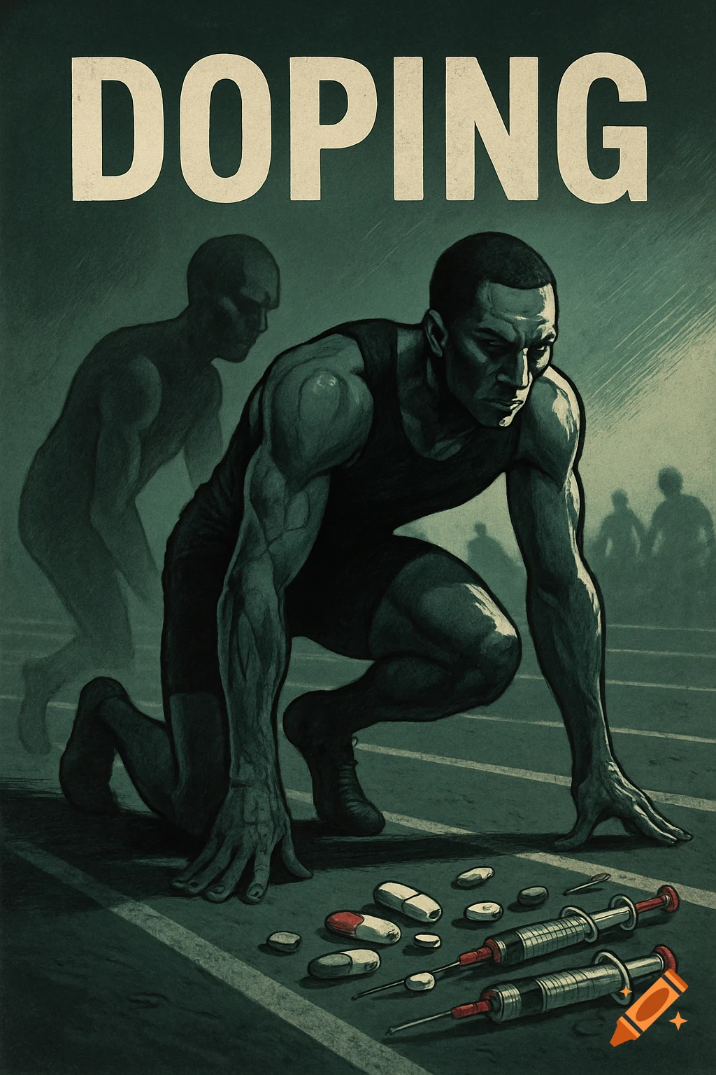 Gritty illustration of a muscular athlete in a running start, with 'DOPING' text above and pills/syringes on the track.