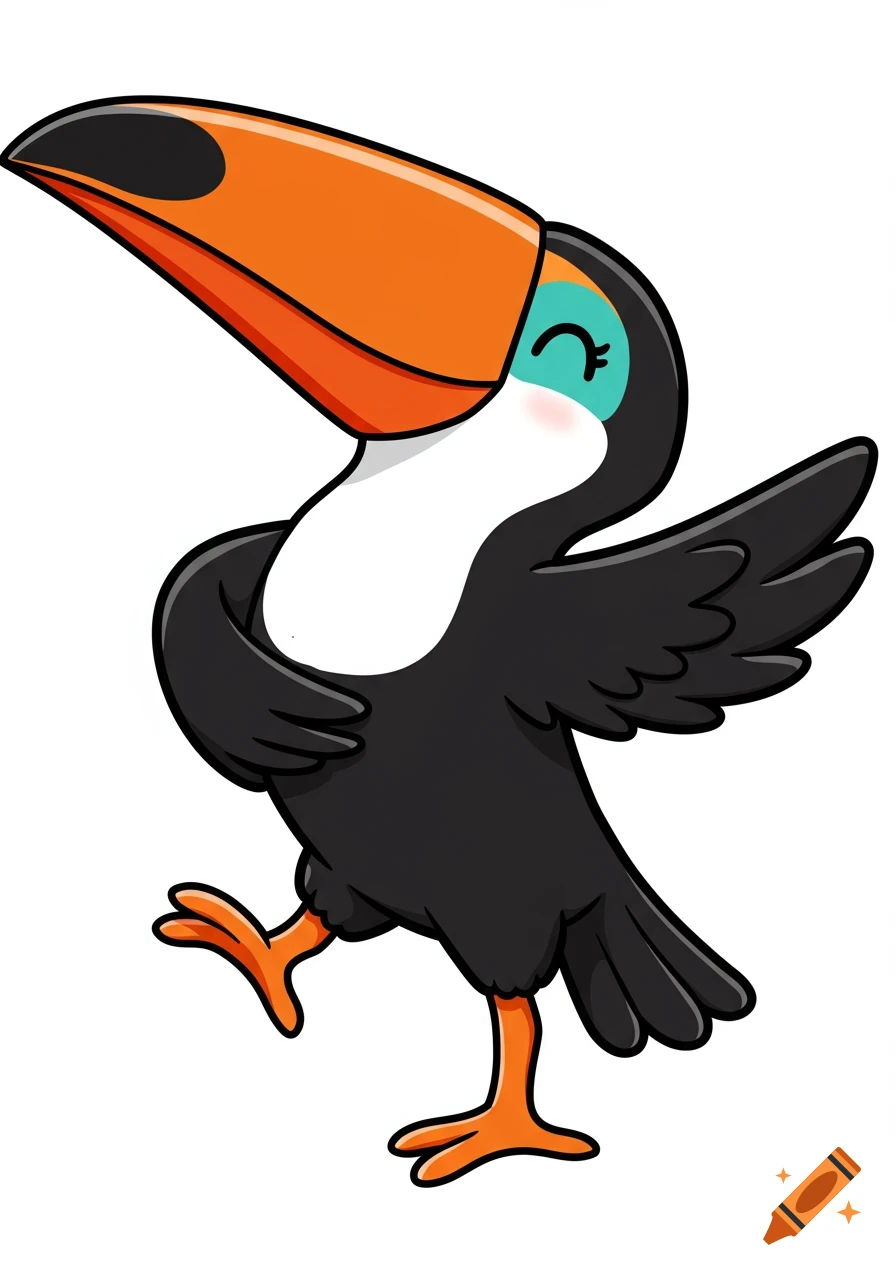 A colorful cartoon toucan with an orange beak and teal eyelids dances joyfully on one foot with wings spread.