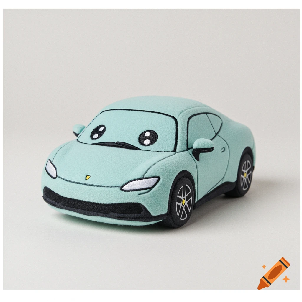 Chibi-style light blue plush toy car with big kawaii eyes on the windshield and a small yellow emblem.