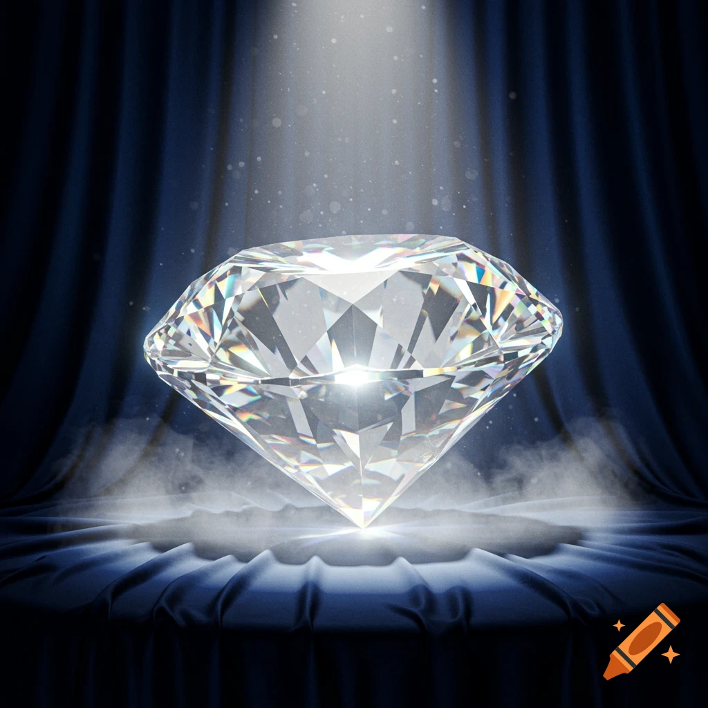 A dazzling brilliant-cut diamond bathed in light, resting on a dark blue velvet surface with misty atmosphere.