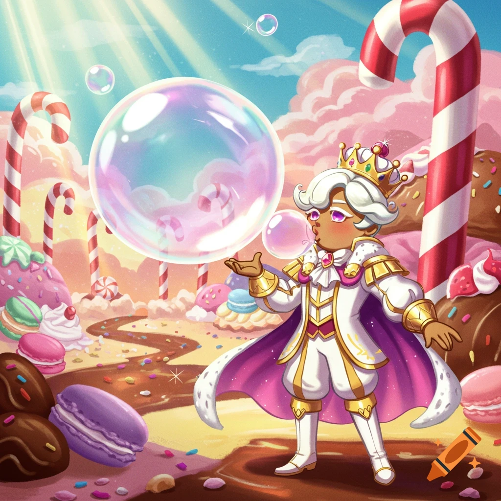 A cartoon prince-like character blows a large bubble in a vibrant candy land with giant lollipops and macarons.