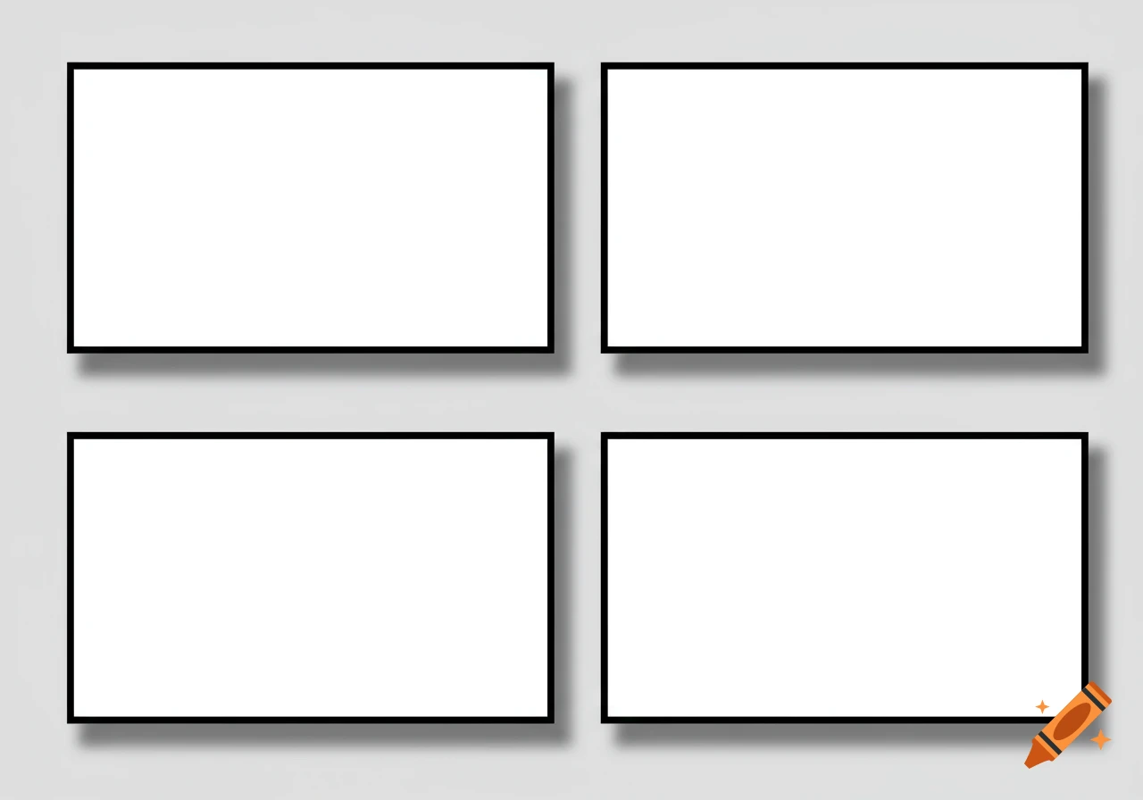 Four empty white rectangular comic panels with black borders, arranged in a 2x2 grid on a light grey background.
