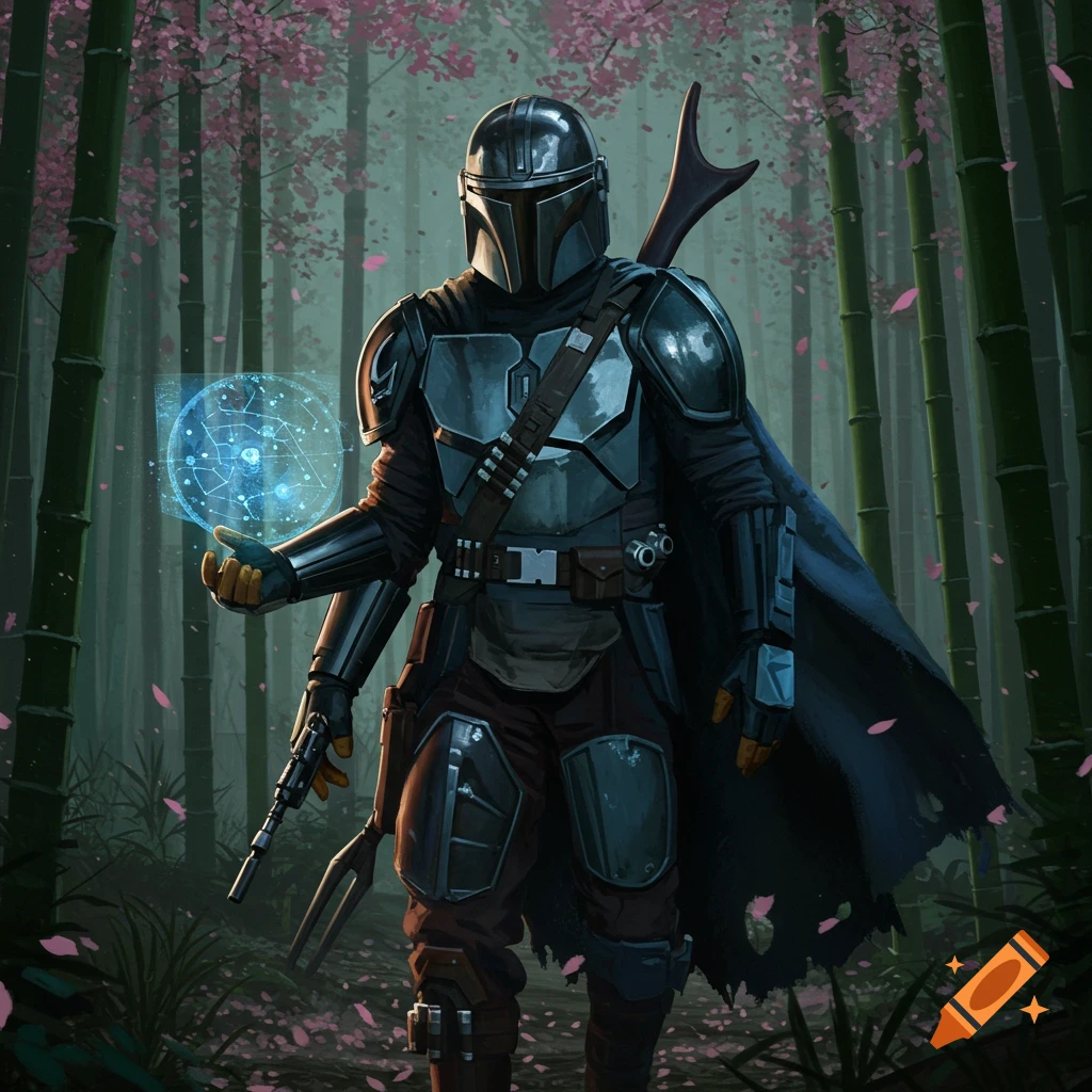 The Mandalorian stands in a bamboo forest with pink cherry blossoms, holding a glowing blue holographic display.