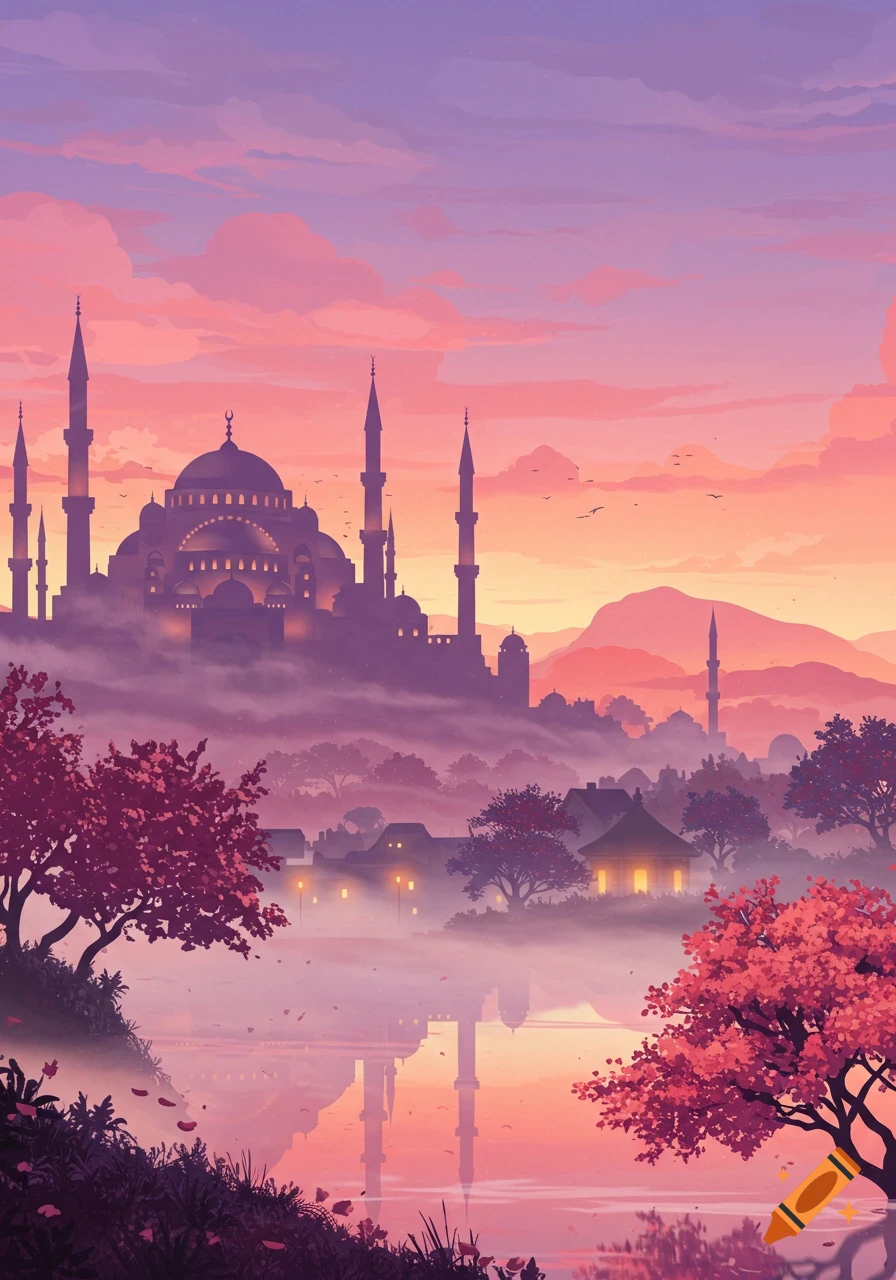 A stylized digital illustration of a mosque-like building silhouetted against a vibrant pink and purple sunset sky, with mist over a reflective body of water and cherry blossom trees.