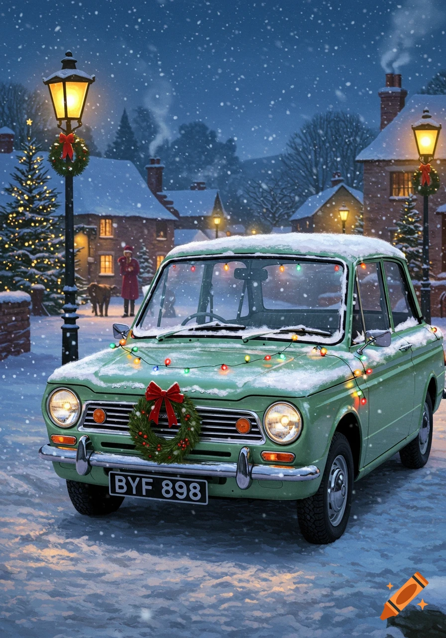A light green vintage car decorated with Christmas lights and a wreath sits in a snowy village scene with falling snow at night.