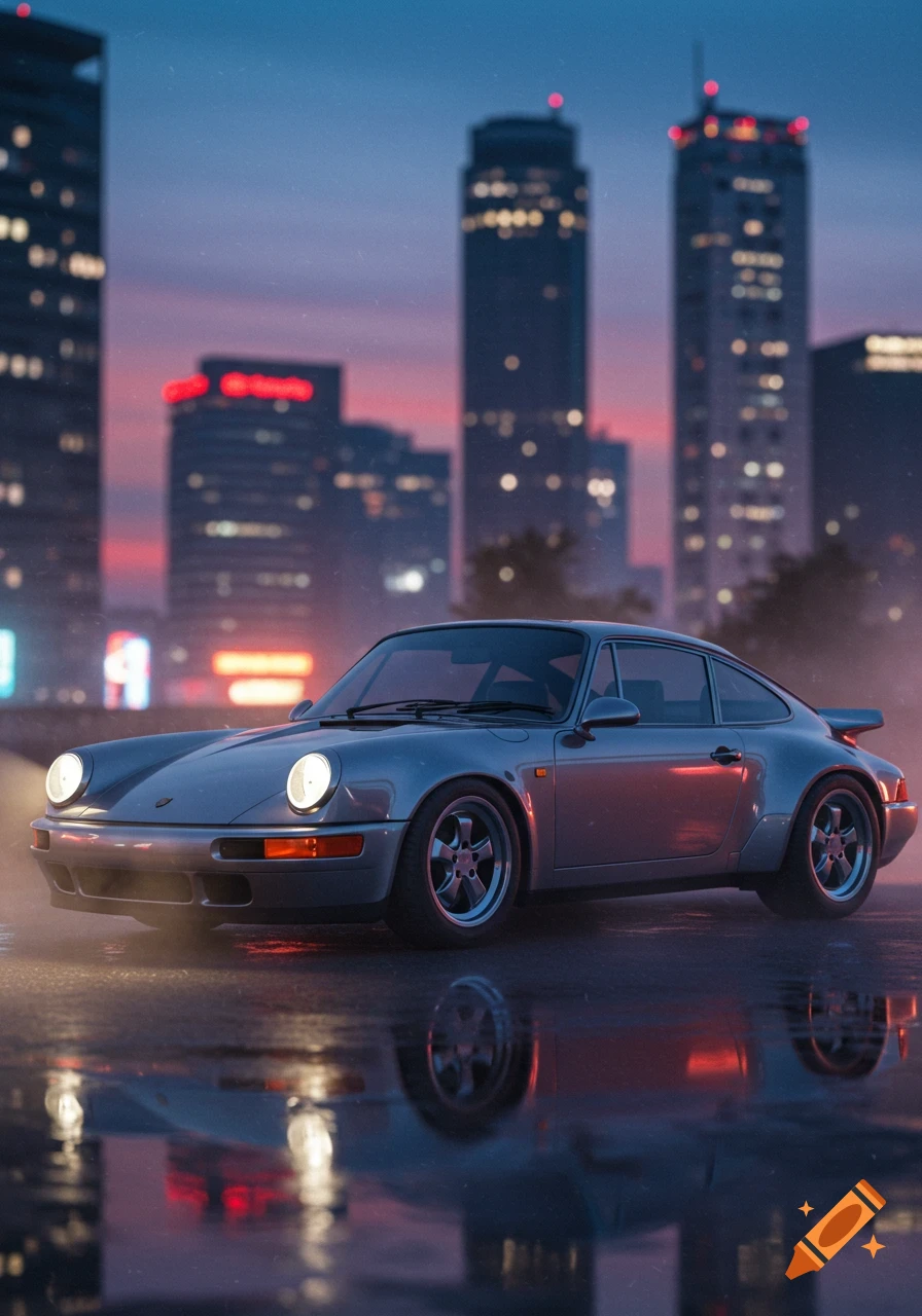 Grey Porsche 911 on a wet street at dusk, with bright headlights and city skyline in the background.