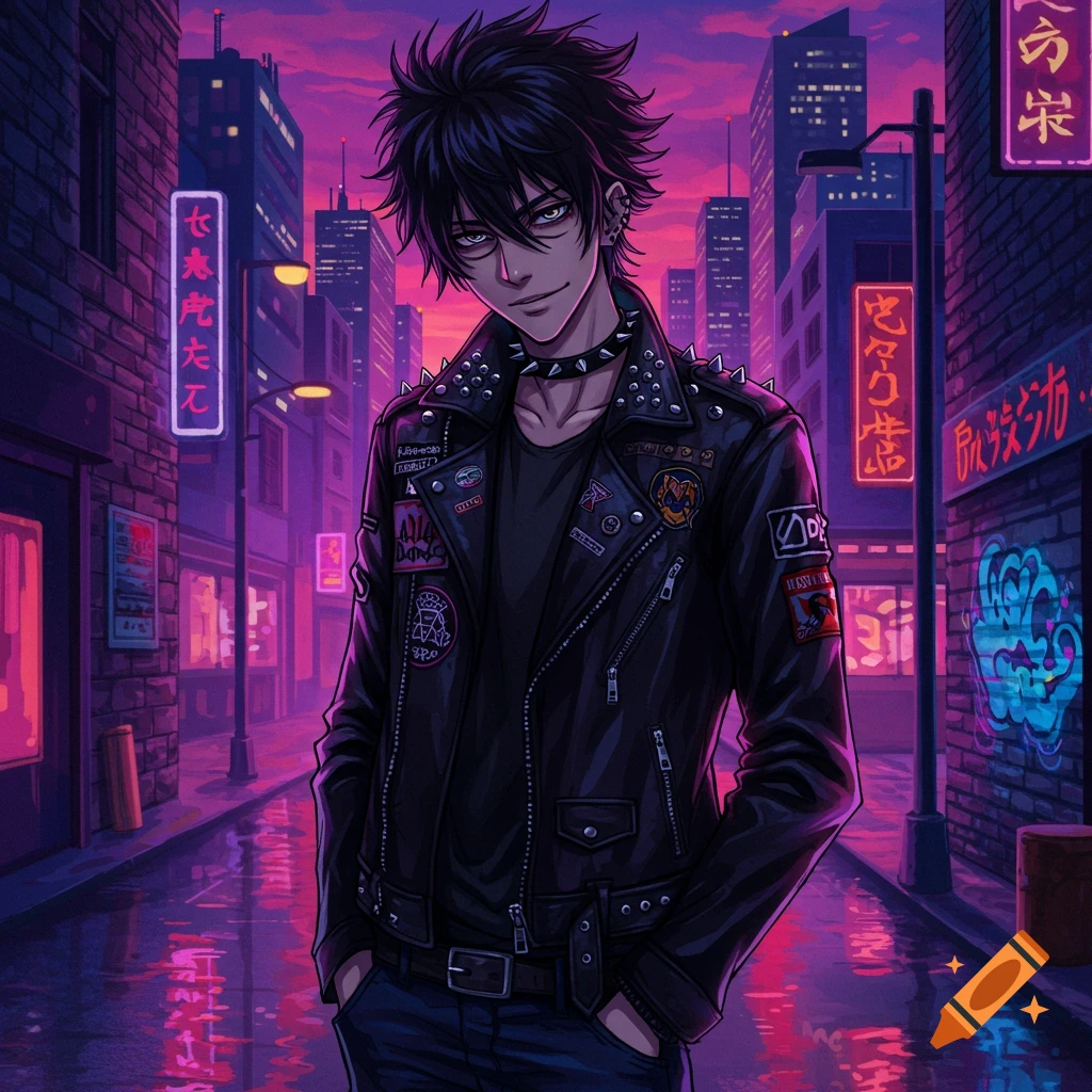 Anime boy in a studded leather jacket and choker stands in a neon-lit cyberpunk city street.