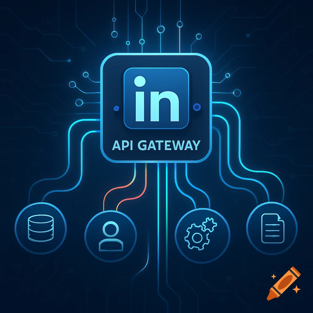 A digital illustration of an API gateway, featuring a LinkedIn 'in' logo, connecting to various service icons on a circuit board.