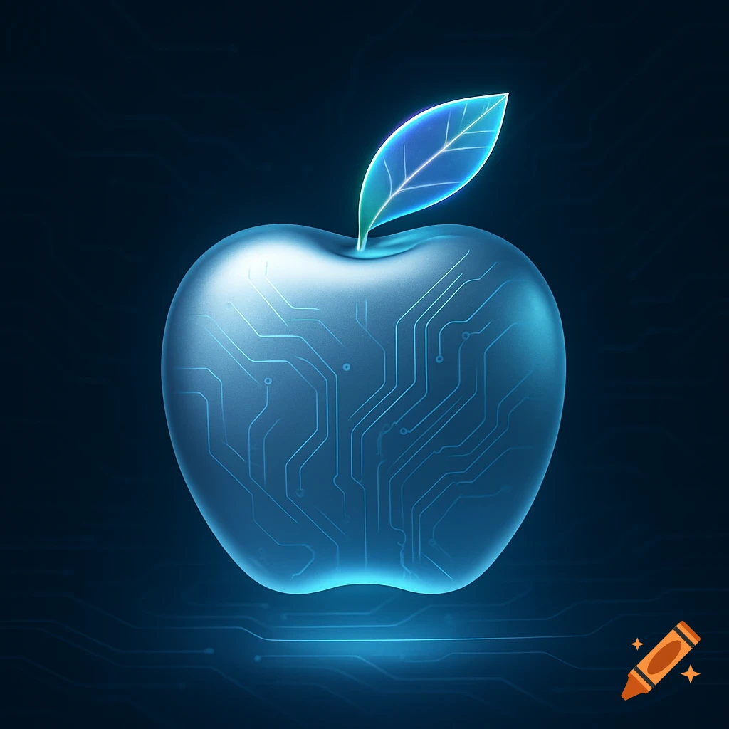 A glowing blue apple with internal circuit board patterns, on a dark blue background, in a digital art style.